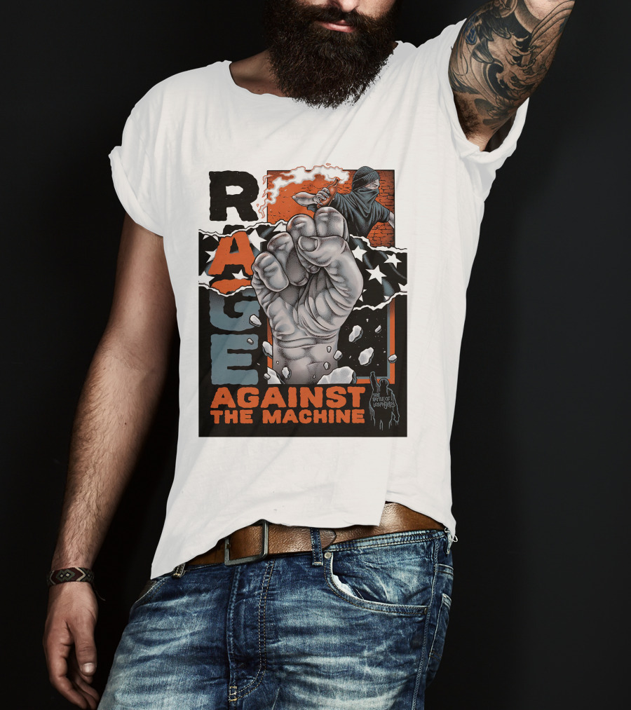 Rage Against The Machine Fist With Star Pattern And Hooded Figure T-Shirt