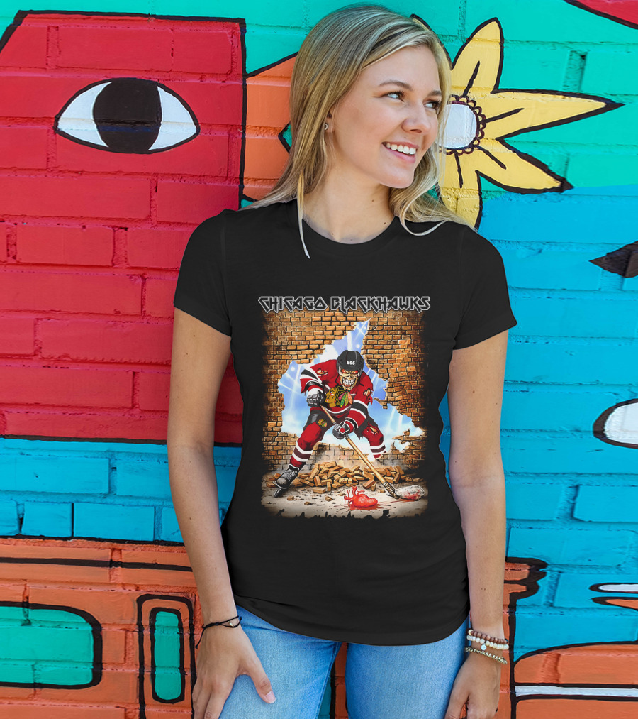 Chicago Blackhawks Hockey Skeleton Breaking Through Wall T-Shirt