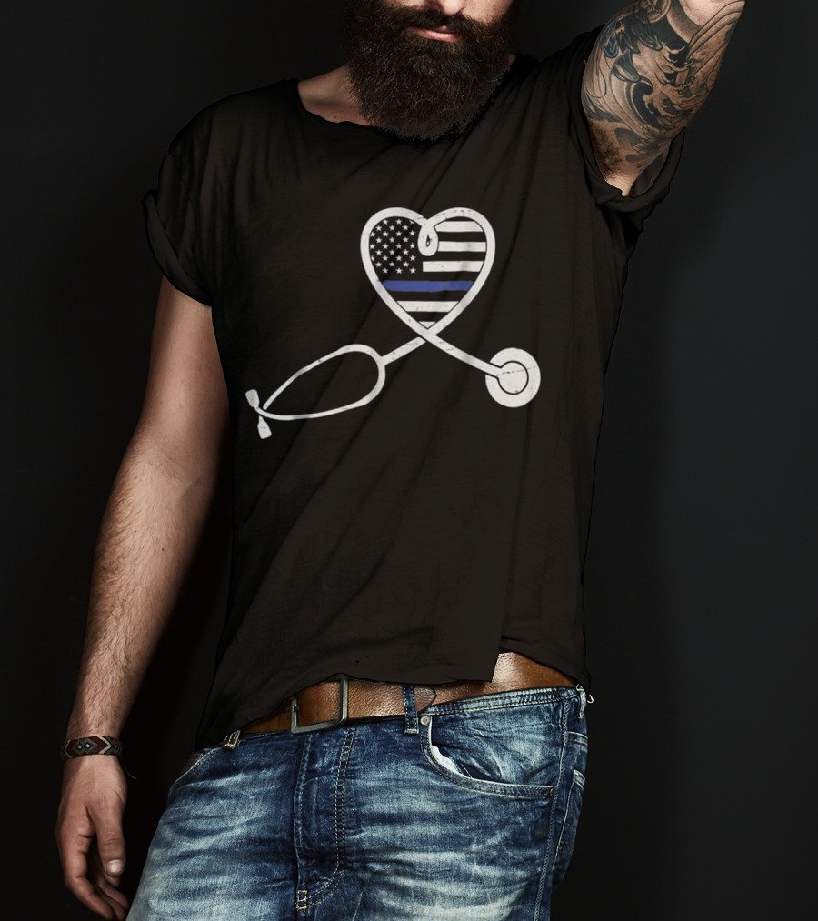 Thin Blue Line Nurse Wife Police Officer Heart Support Love T-Shirt