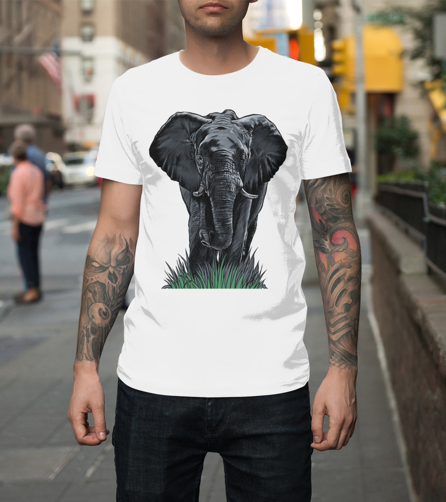 Elephant Line Art Majestic Wildlife Sketch in Grass T-Shirt