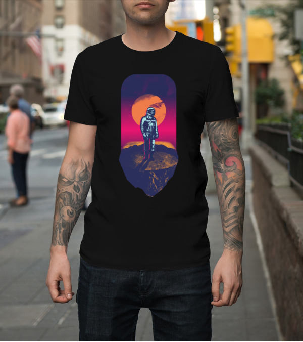 Shirt: Awakening In A Strange Land Astronaut Against Vibrant Sunset On Rocky Landscape T-Shirt Awakening In A Strange Land Astronaut Against Vibrant Sunset On Rocky Landscape T-Shirt