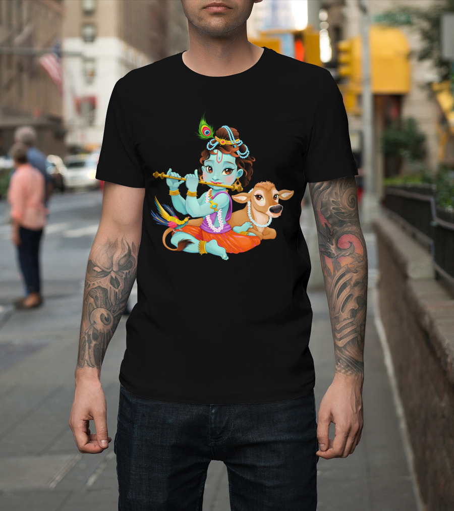 Baby Krishna with Sacred Cow Flute and Peacock Feather T-Shirt