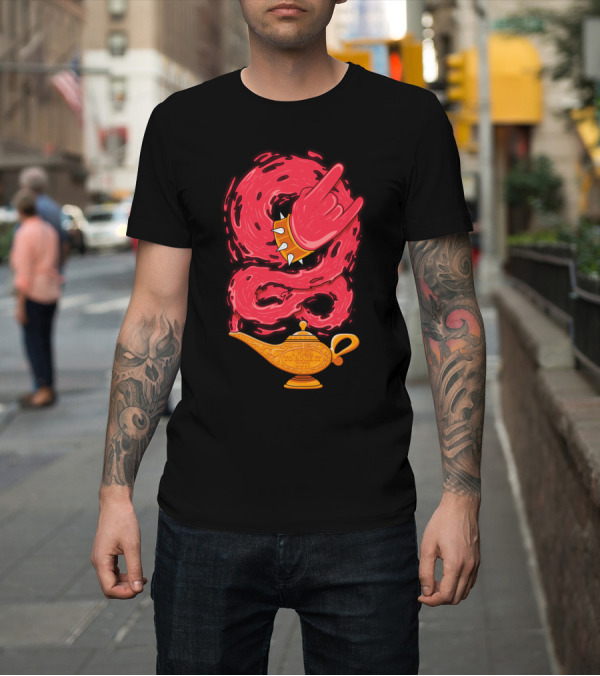 Shirt: I Wish To Rock It Out Genie Hand in Rock Gesture with Magic Lamp T-Shirt I Wish To Rock It Out Genie Hand in Rock Gesture with Magic Lamp T-Shirt
