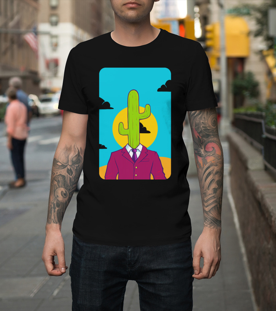 Sharp Dressed Cactus Man in Suit with Sun and Sky Background T-Shirt