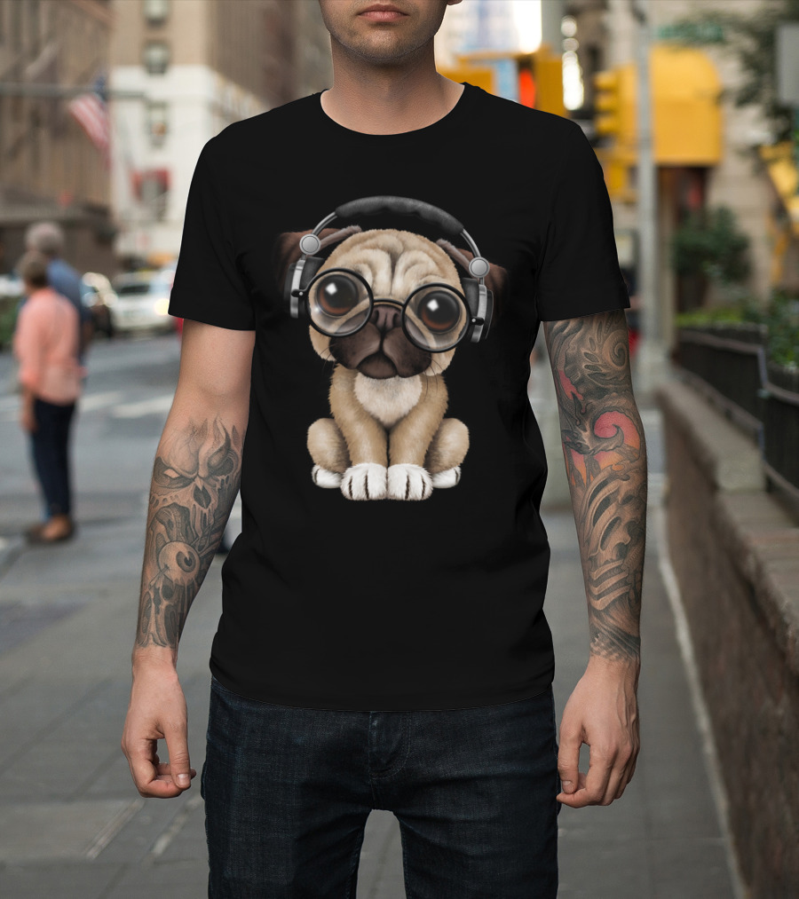 Cute Pug Puppy DJ Wearing Headphones and Glasses T-Shirt