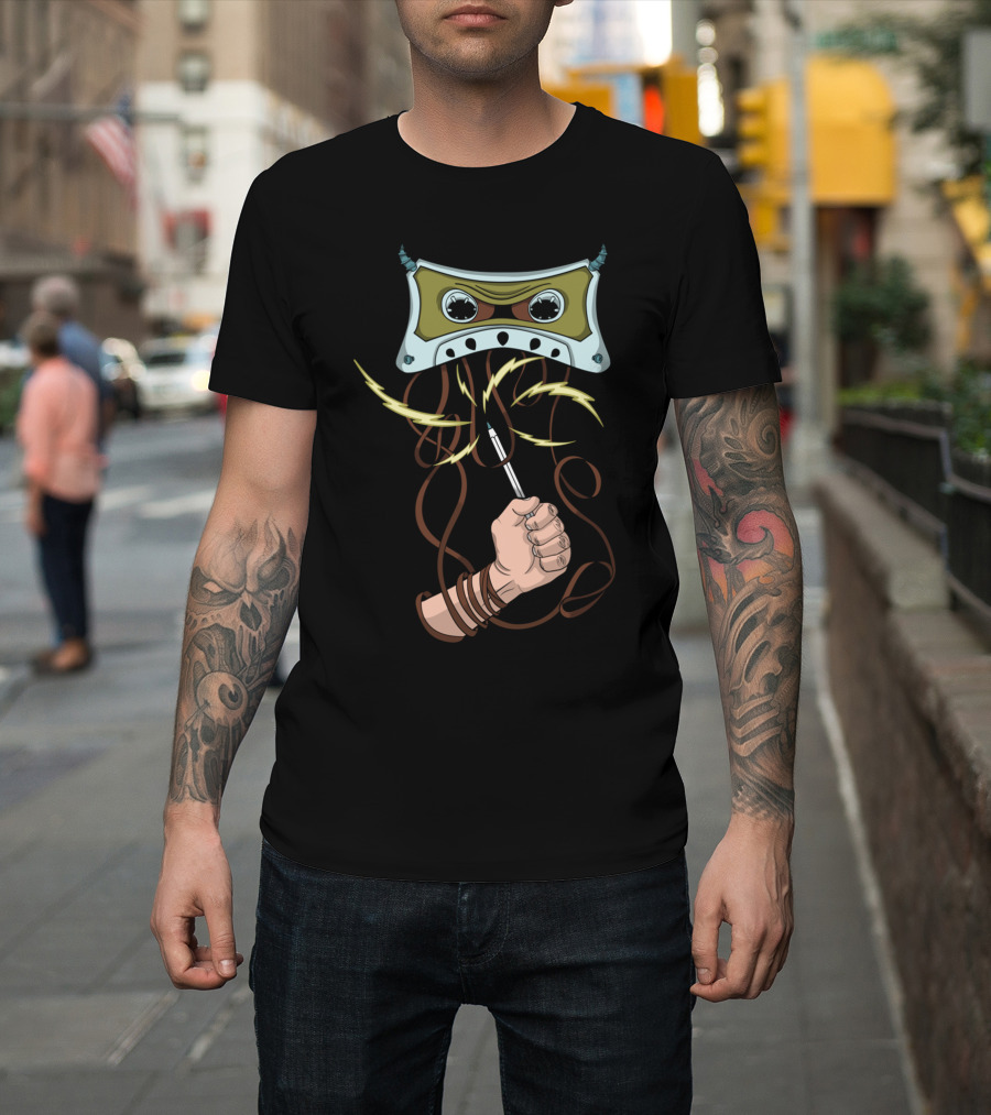 Evil Tape Cassette Mischief with Lightning and Hand-Pen Twist T-Shirt