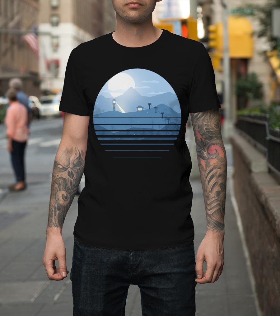 Snow Landscape Flat Lighthouse Mountains and Cable Lines Moonlit Scene T-Shirt