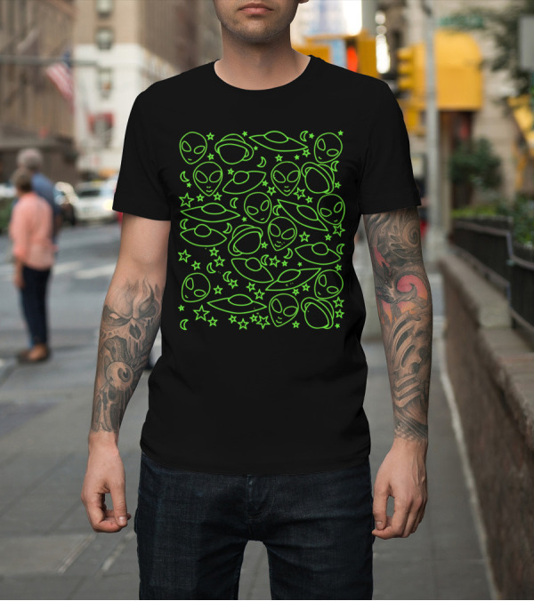 Shirt: Aliens UFOs Stars and Moons Neon T-Shirt Aliens UFOs Stars and Moons Neon T-Shirt