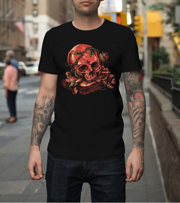 Shirt: Dark History Skull with Roses and Book T-Shirt Dark History Skull with Roses and Book T-Shirt