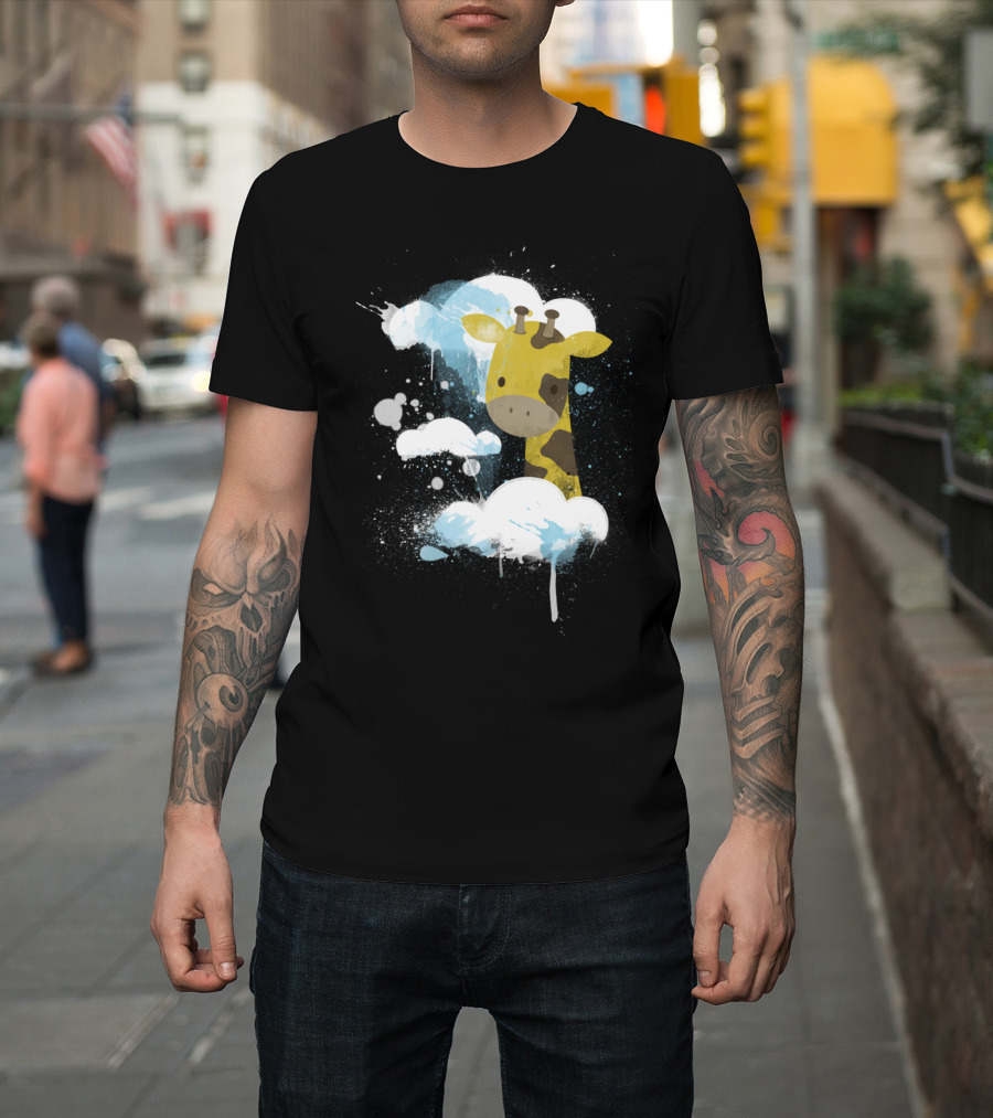 Giraffe in the Clouds with Watercolor Splashes T-Shirt