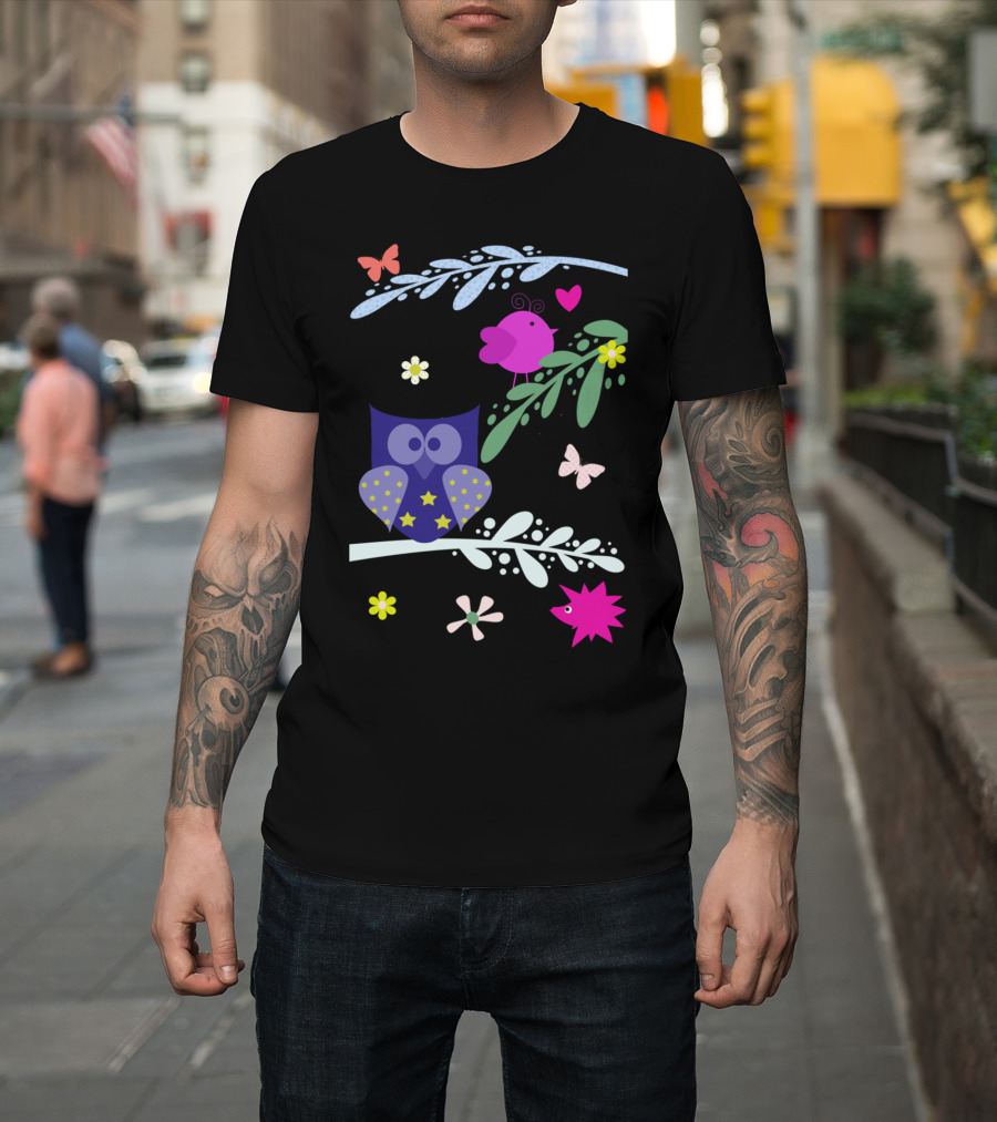 In The Forest Lesca Owl Bird Hedgehog Butterflies Hearts Floral Branches T-Shirt