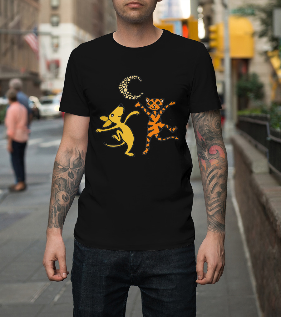 Funny Dog and Orange Tabby Cat Dancing Under Moon T-Shirt