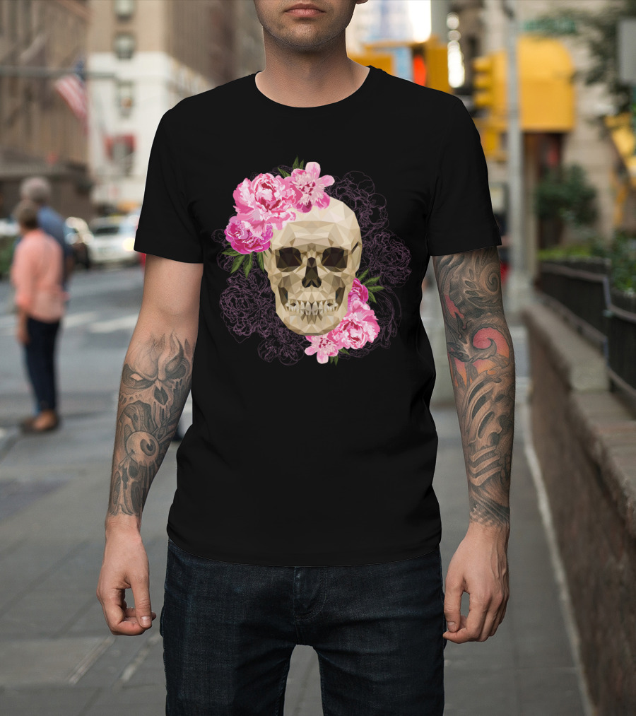 Fancy Skull Peony Blossoms Geometric Skull Floral T-Shirt