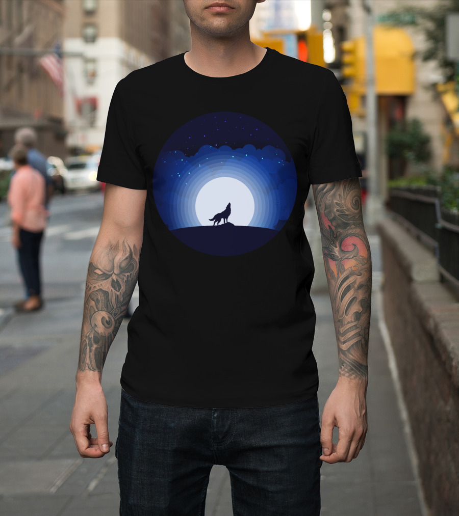 Wolf Howling at Night Sky Full Moon T-Shirt