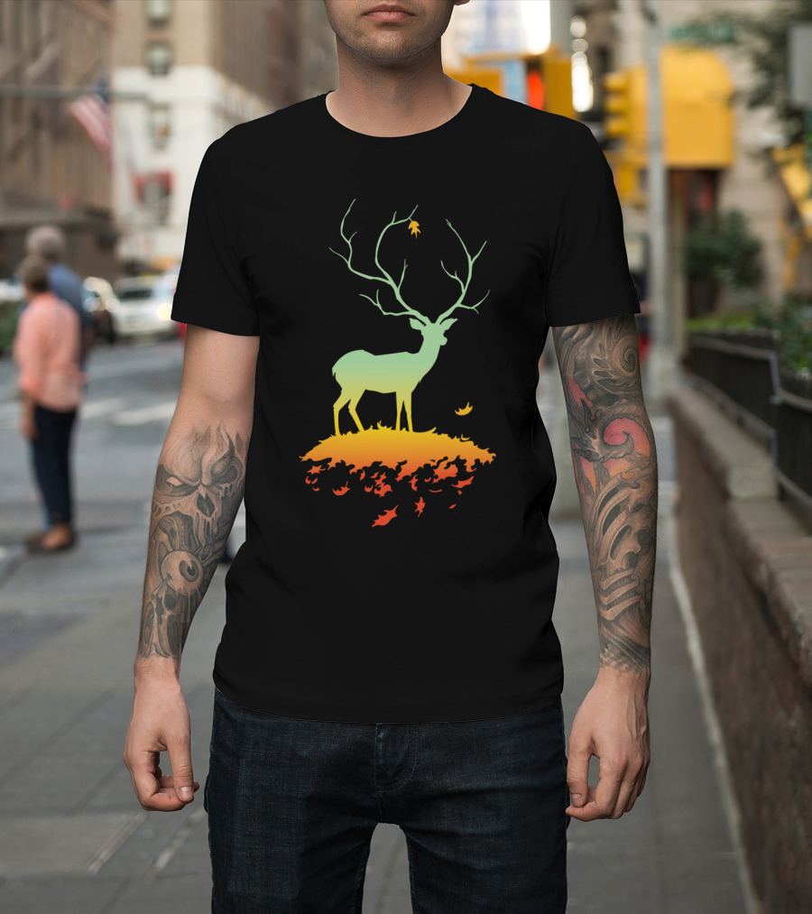 Fawn And Flora Gradient Deer Autumn Leaves T-Shirt