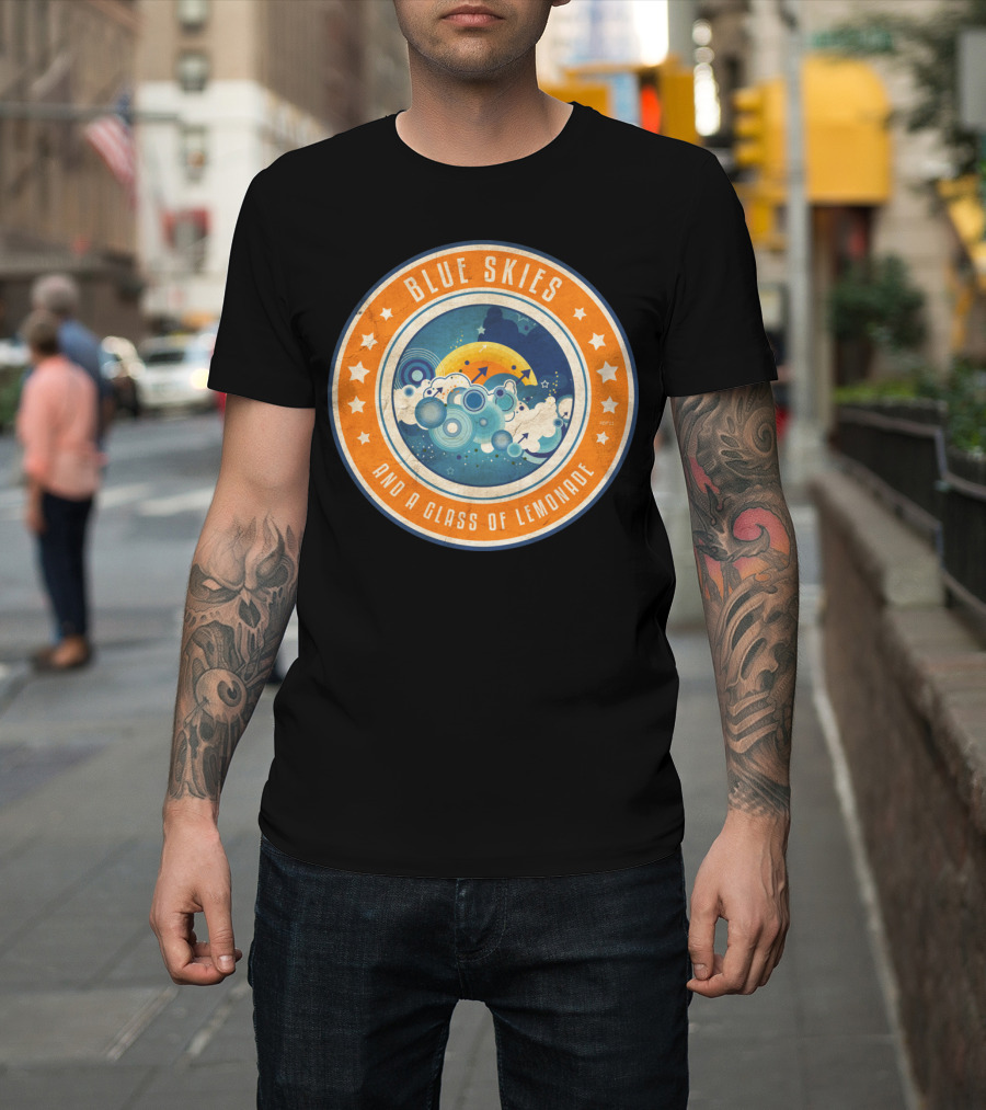 Blue Skies And A Glass Of Lemonade Vintage Circle Cloud Stars Moon Retro T-Shirt