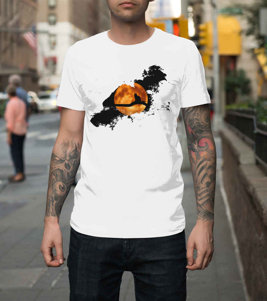 Cat Perched Against Orange Moonlit Sky T-Shirt