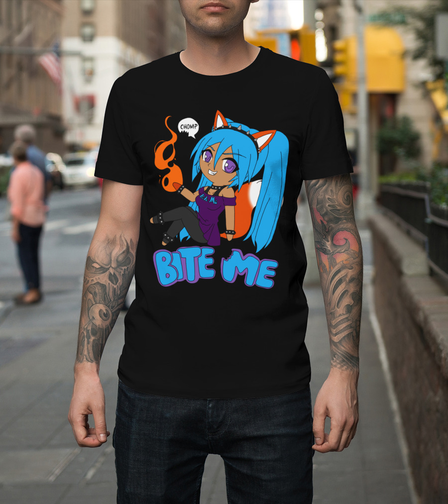Chomp Bite Me Anime Girl Blue Hair Fox Ears Flame T-Shirt