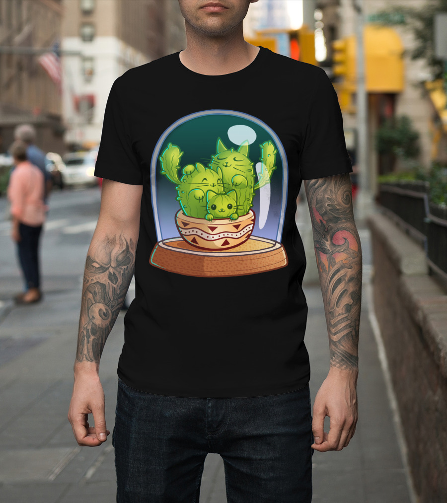 Cat Ti Cactus Family in Glass Dome T-Shirt