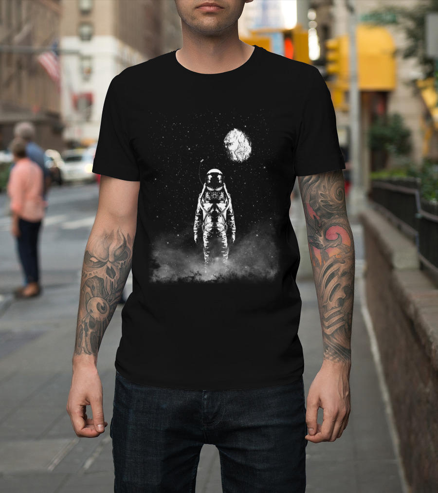 Solitary Astronaut in Space with Moon and Stars T-Shirt