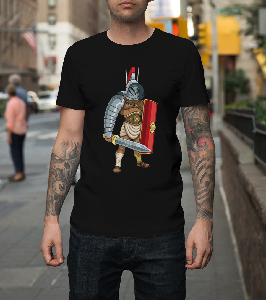 Gladiator Roman Warrior with Helmet, Armor, Shield, and Sword T-Shirt