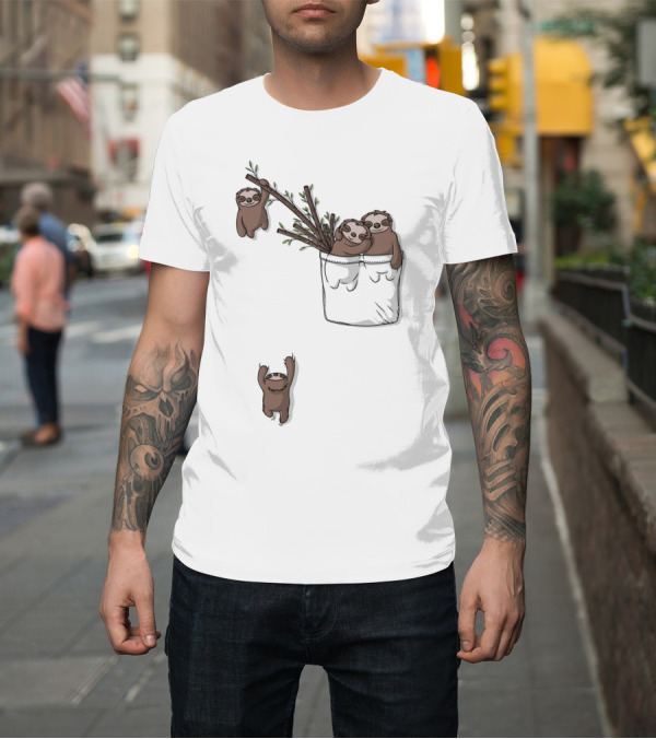 Shirt: Pocket Sloth Family Hanging from Branches T-Shirt Pocket Sloth Family Hanging from Branches T-Shirt