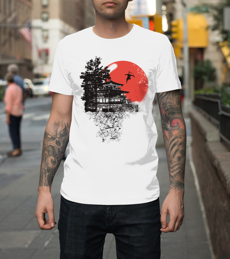 Jump And Fly Ninja Over Japanese Pagoda Red Sun T-Shirt