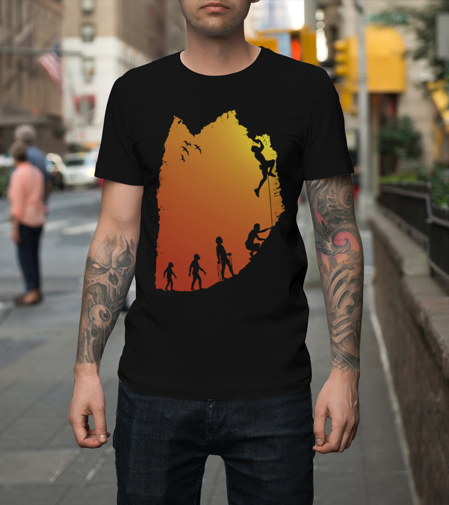 Climb Evolution of Rock Climbing Silhouette against Sunset Cliff Background T-Shirt