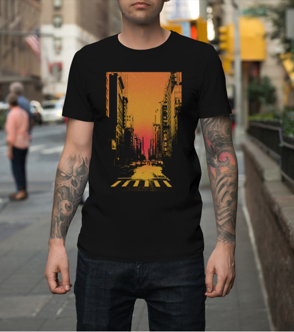 Shirt: BETWEEN THE SKYLINES SUNSET CITYSCAPE IN ORANGE AND BLACK T-Shirt BETWEEN THE SKYLINES SUNSET CITYSCAPE IN ORANGE AND BLACK T-Shirt