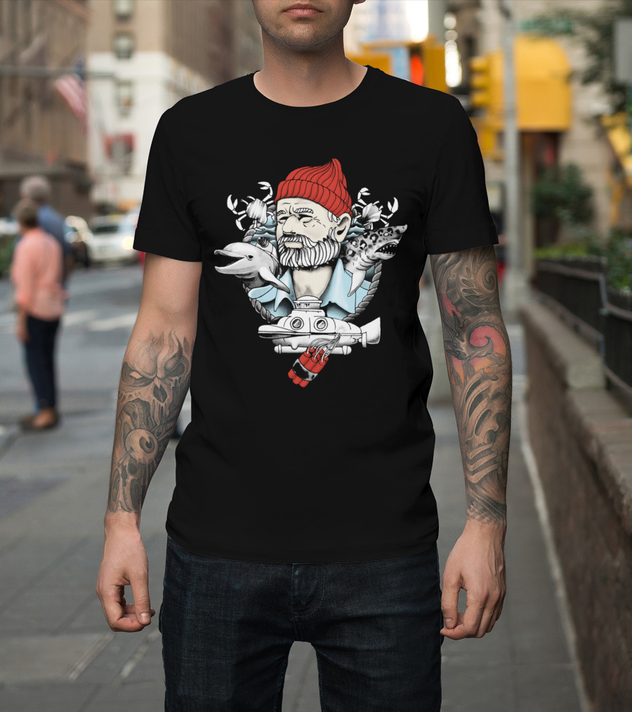 Adventure with Dynamite Marine Exploration with Submarine, Red Beanie, Dolphin, Shark, and Nautical Elements T-Shirt