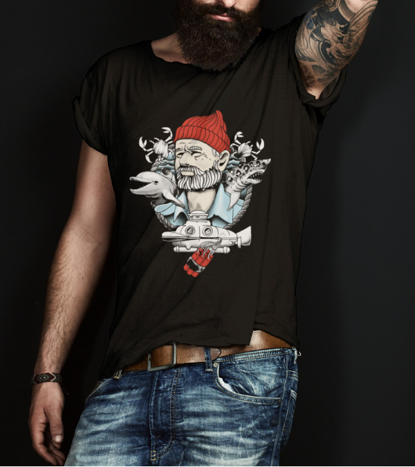 Adventure With Dynamite Marine Exploration With Submarine, Red Beanie, Dolphin, Shark, And Nautical Elements T-Shirt