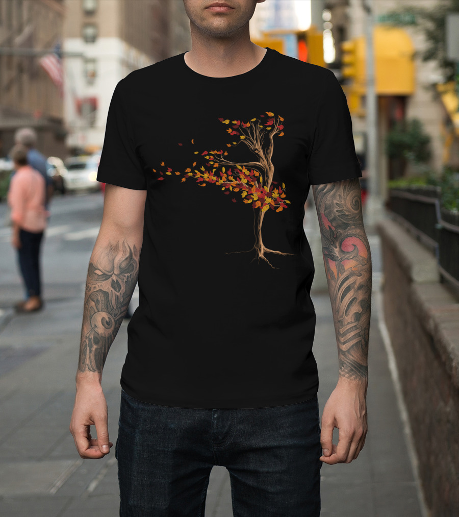 Autumn Dance Whirling Tree with Red and Yellow Leaves in Motion T-Shirt