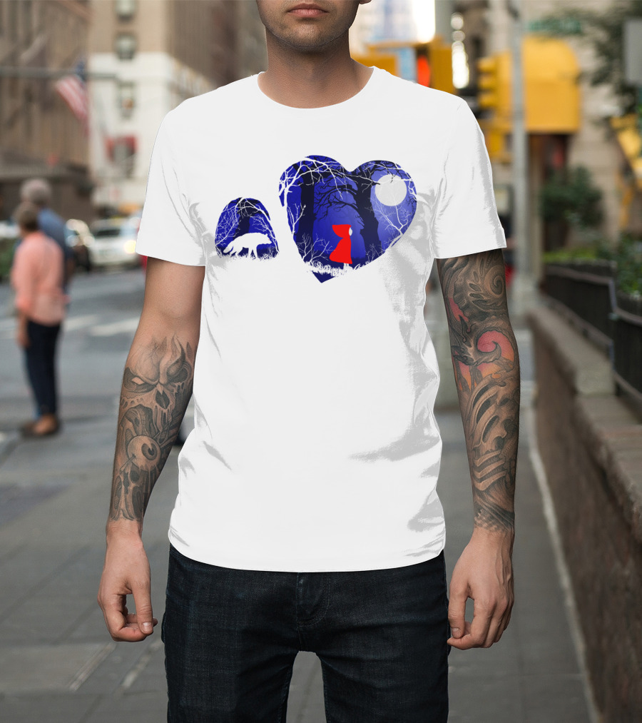 Dusk In The Woods Red Riding Hood Moonlit Forest Wolf Heart T-Shirt