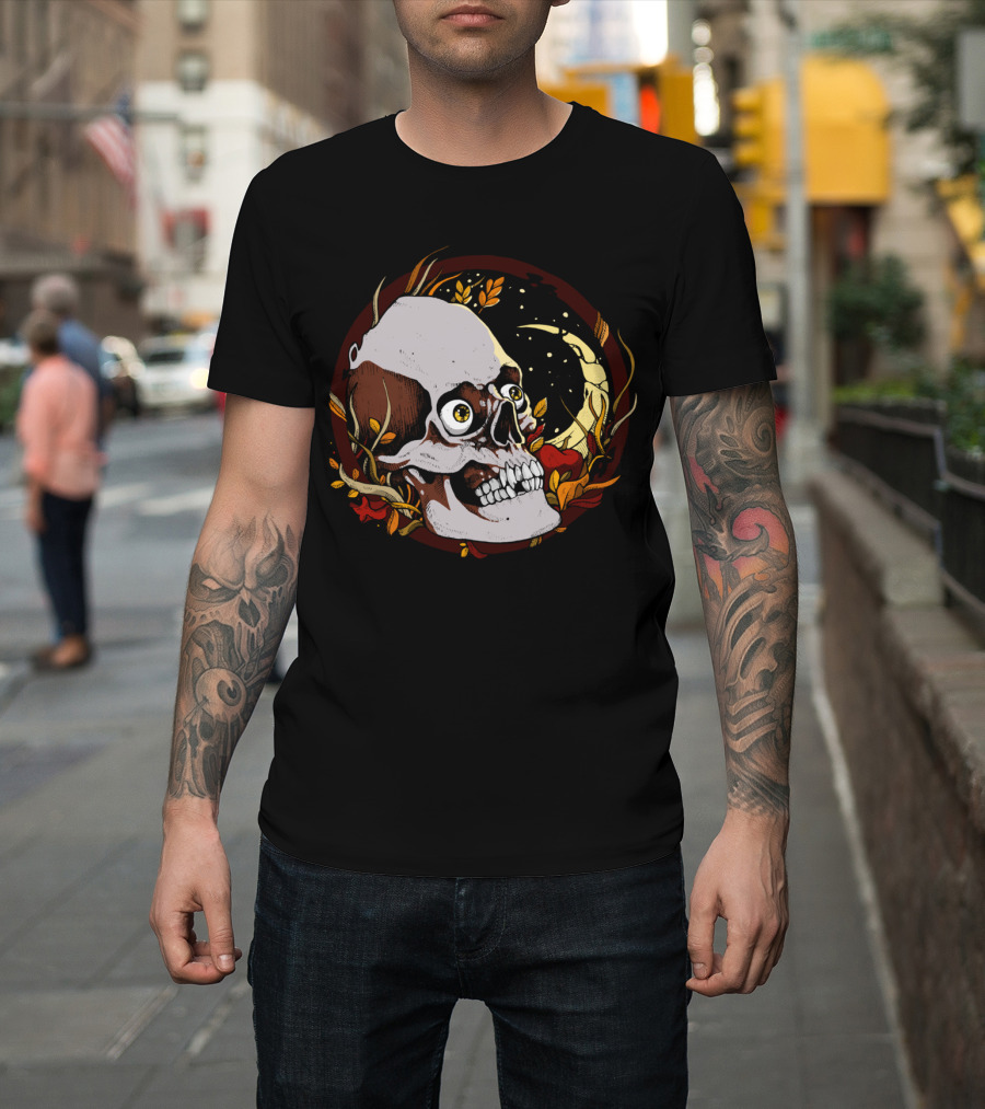 Autumn of the Dead Skull with Moon and Leaves T-Shirt