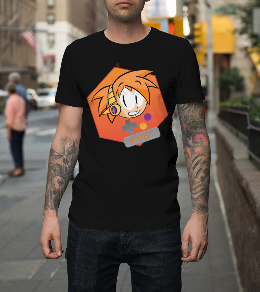 Press Start Retro Gamer Icon with Cartoon Orange Hair and Game Controller Buttons T-Shirt