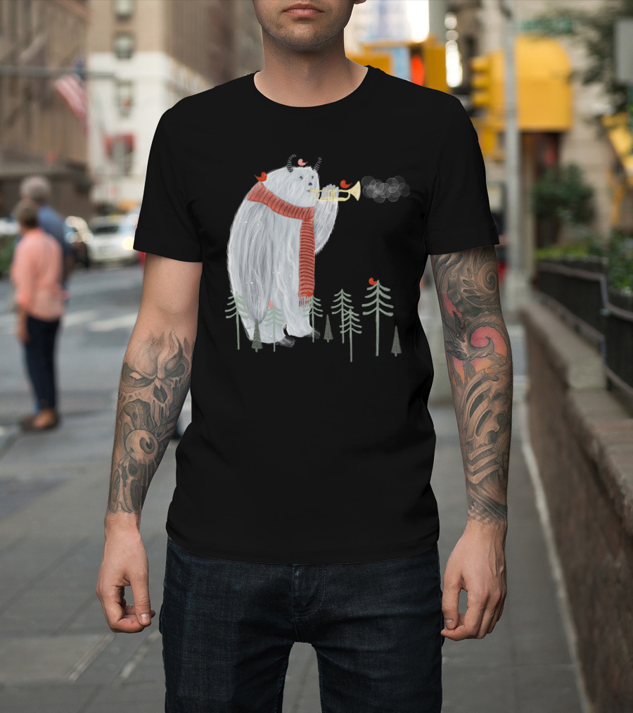 Dawn Chorus Yeti Playing Trumpet with Birds in Forest T-Shirt