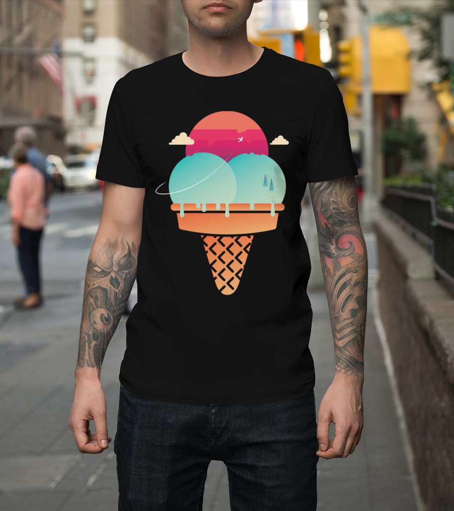 3 Scoops Of Free Ice Cream Cone Sunset Planets T-Shirt