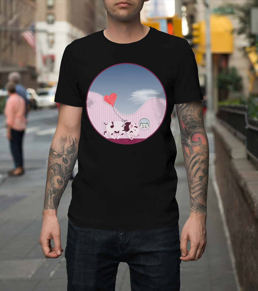 Baby Pig Love Balloon and Curious Cat in Pastel Landscape T-Shirt