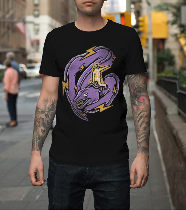 Shirt: Electric Rodeo Lightning Cowboy Riding Purple Dinosaur T-Shirt Electric Rodeo Lightning Cowboy Riding Purple Dinosaur T-Shirt