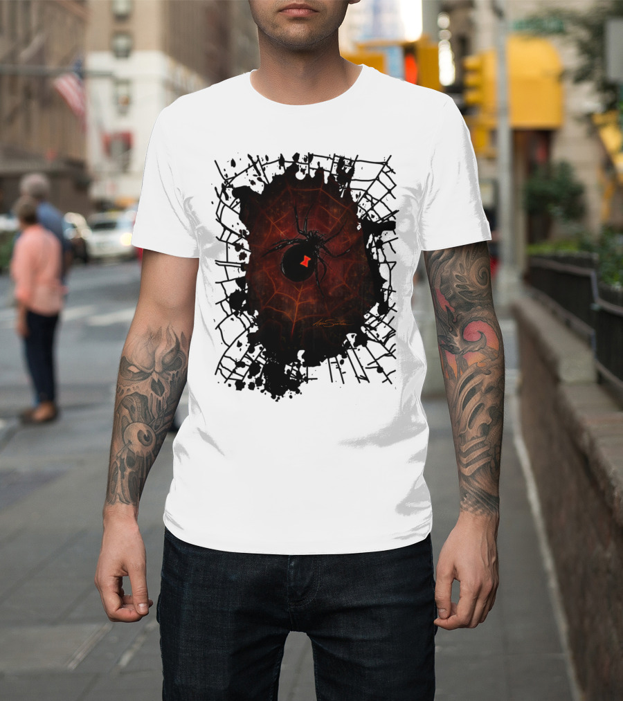 Black Widow Spider Web Design with Red Symbol Signature T-Shirt