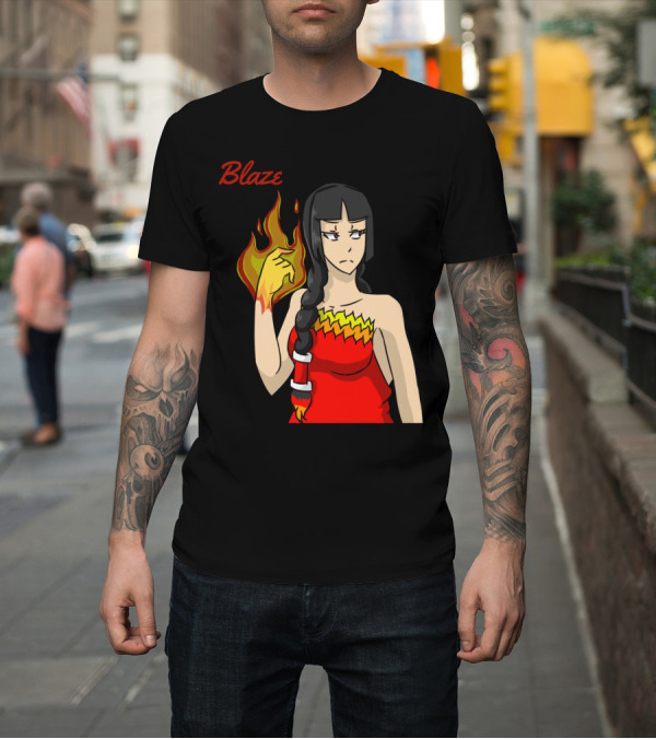 Shirt: Blaze Flame-Wielding Character in Red Dress with Long Dark Braid T-Shirt Blaze Flame-Wielding Character in Red Dress with Long Dark Braid T-Shirt