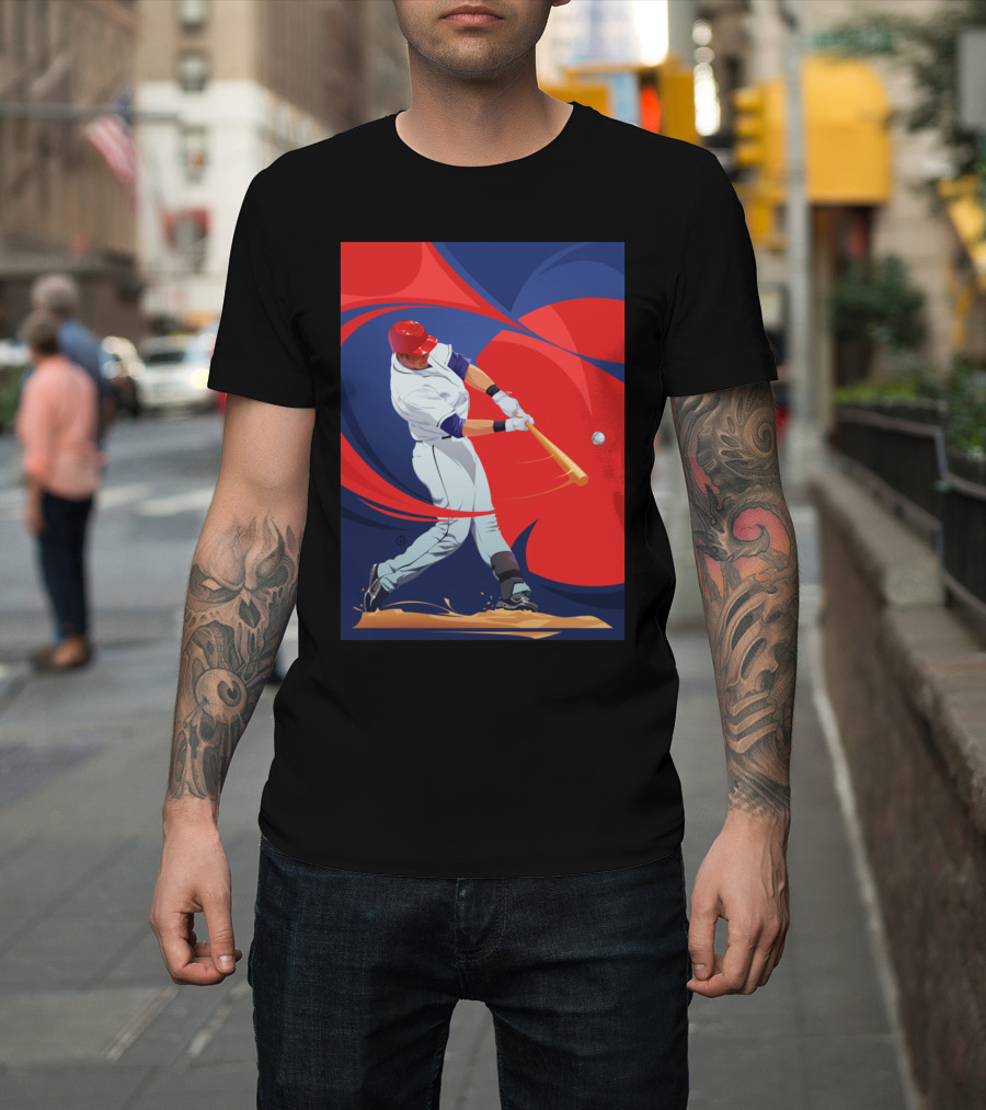 Baseball By Nik Player Swinging Red and Blue Dynamic Action T-Shirt