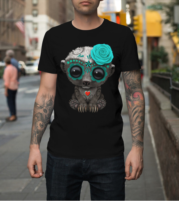 Shirt: Blue Day Of The Dead Sugar Skull Honey Badger With Rose Flower T-Shirt Blue Day Of The Dead Sugar Skull Honey Badger With Rose Flower T-Shirt