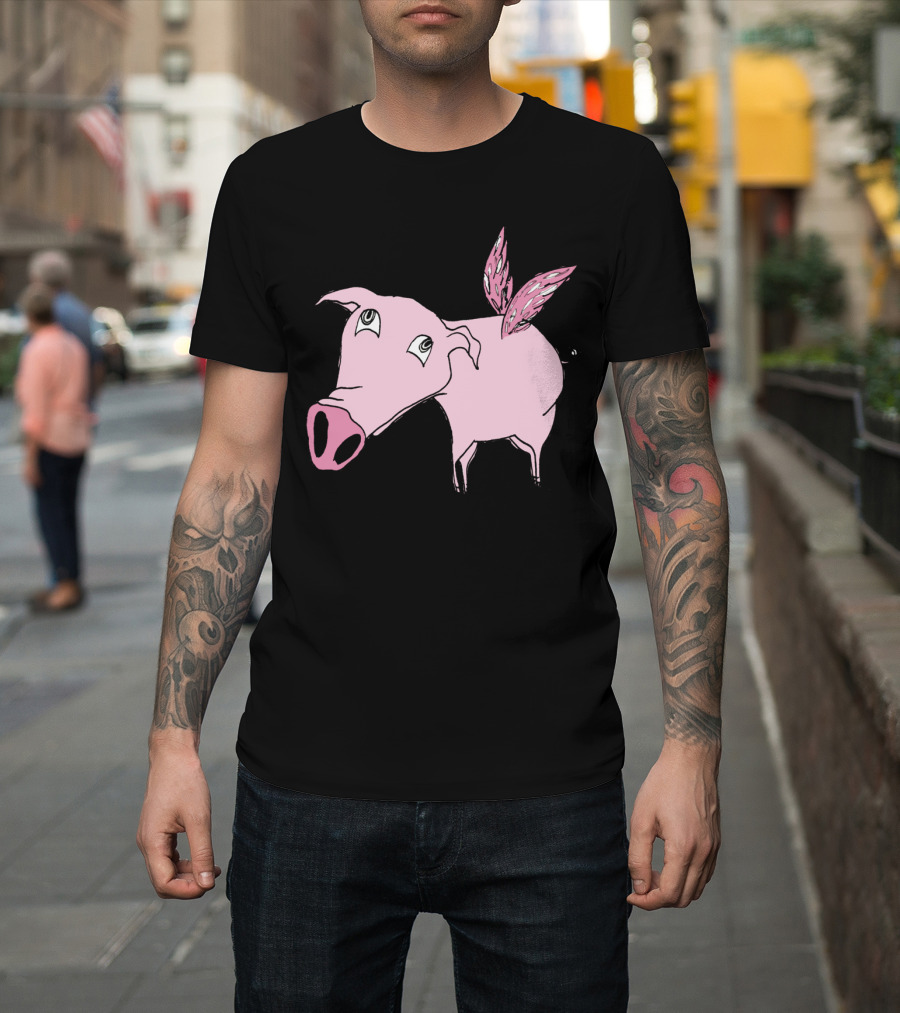 Flying Pig Surreal Illustration with Wings on Pink Animal T-Shirt