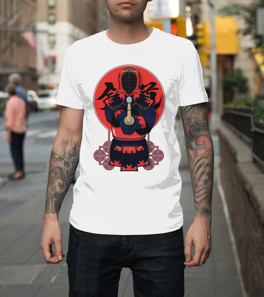 Kendo Martial Arts Warrior in Traditional Armor with Red Japanese Calligraphy Background T-Shirt
