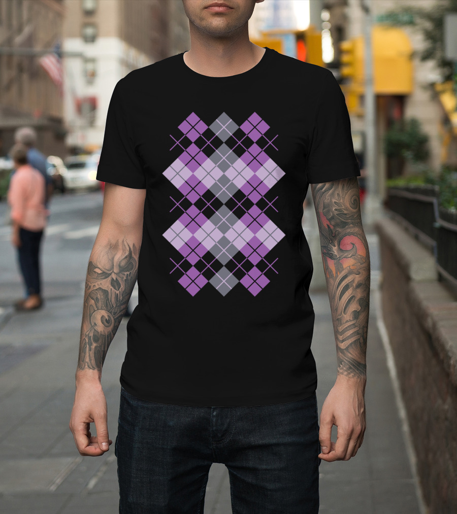 Argyle Pattern in Purple and Black with Gray Elements T-Shirt