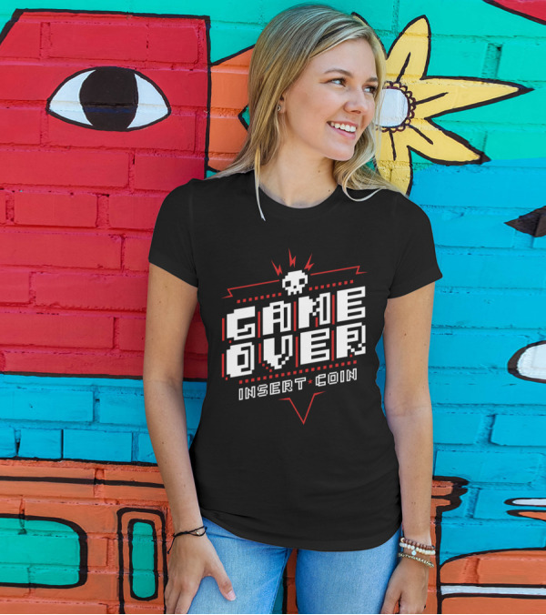 Game Over Insert Coin Red Pixel Skull T-Shirt