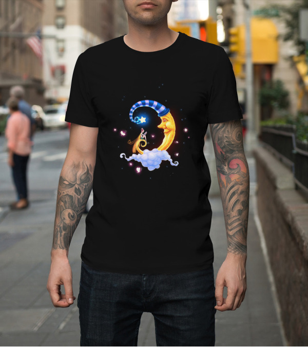 Shirt: Whimsical Crescent Moon and Dreamy Storytime Scene with Fairy and Starry Night Motif T-Shirt Whimsical Crescent Moon and Dreamy Storytime Scene with Fairy and Starry Night Motif T-Shirt