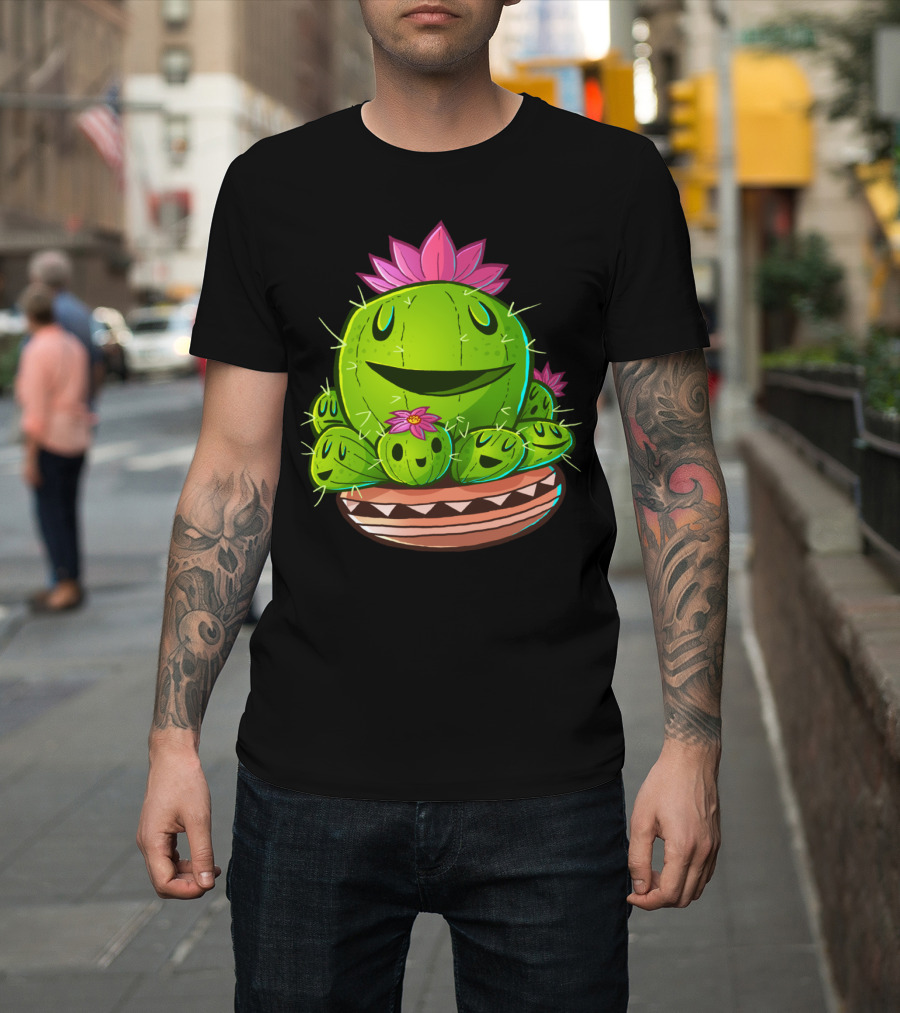 Cacti Family Happy Desert Plant Group with Smiling Faces and Pink Flowers T-Shirt