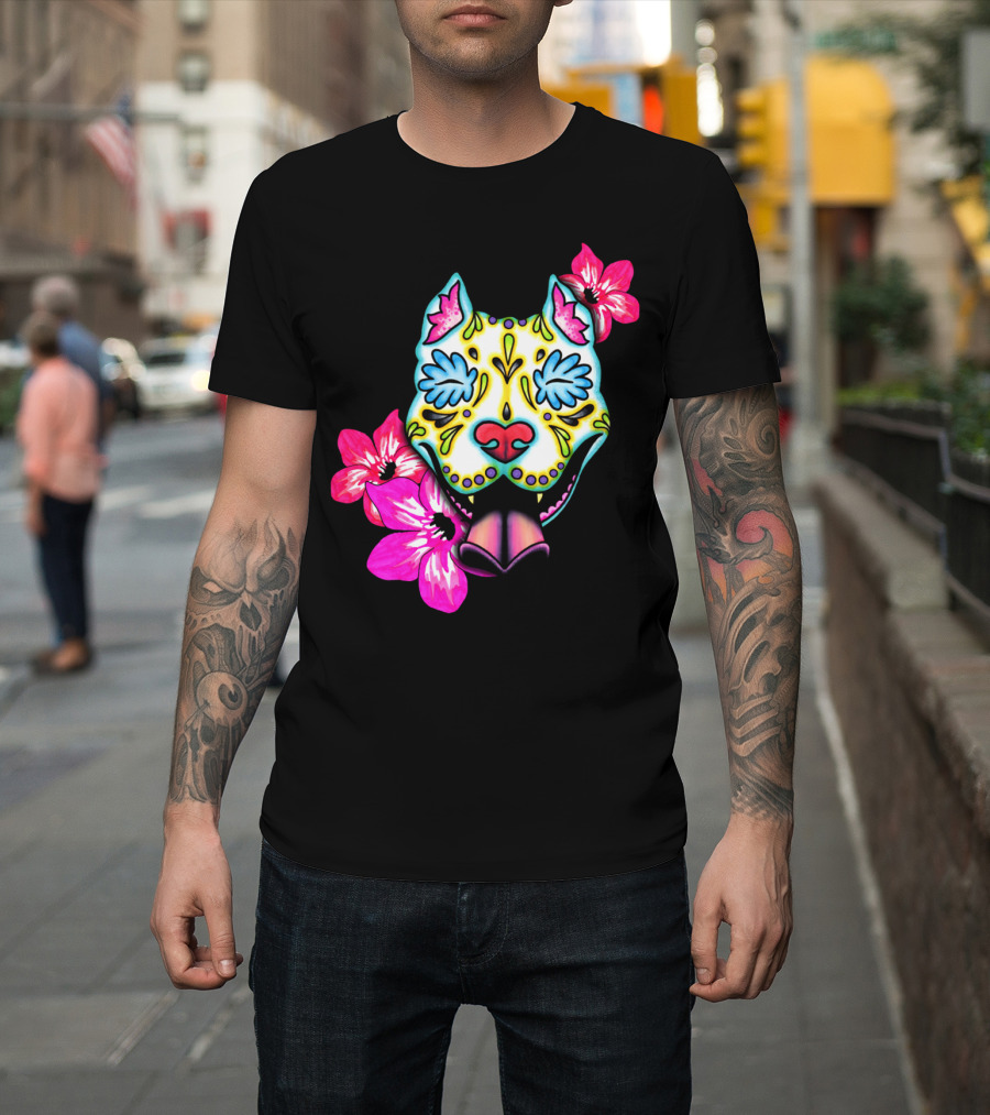 Slobbering Day Of The Dead Pit Bull With Flowers T-Shirt